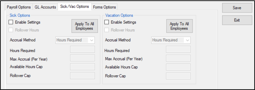 Sick Vacation Options tab